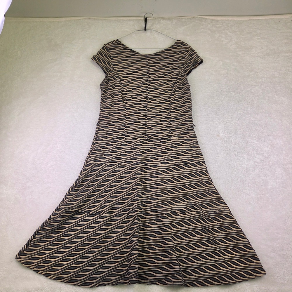 Sharagano Womens Tan Black Wavy Stripe Cap Sleeve Fit Flare Midi Dress Size 10